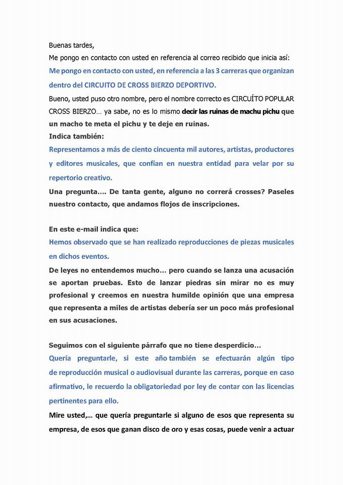 Los organizadores del Circuito Popular Cross Bierzo reciben un correo de la SGAE y esta es su divertida respuesta 2