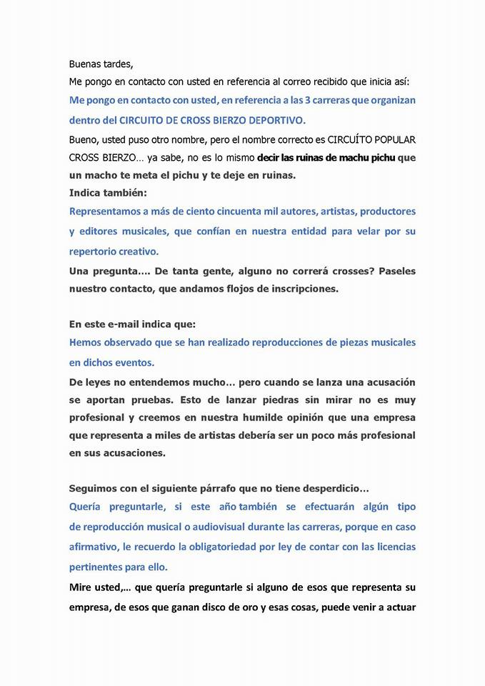 Los organizadores del Circuito Popular Cross Bierzo reciben un correo de la SGAE y esta es su divertida respuesta 2