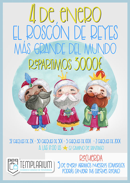 El roscón de Reyes más grande del mundo que reparten el sábado los comercios Templarium contendrá 3.000€ en vales 2 El roscón de Reyes más grande del mundo que reparten el sábado los comercios Templarium contendrá 3.000€ en vales 2