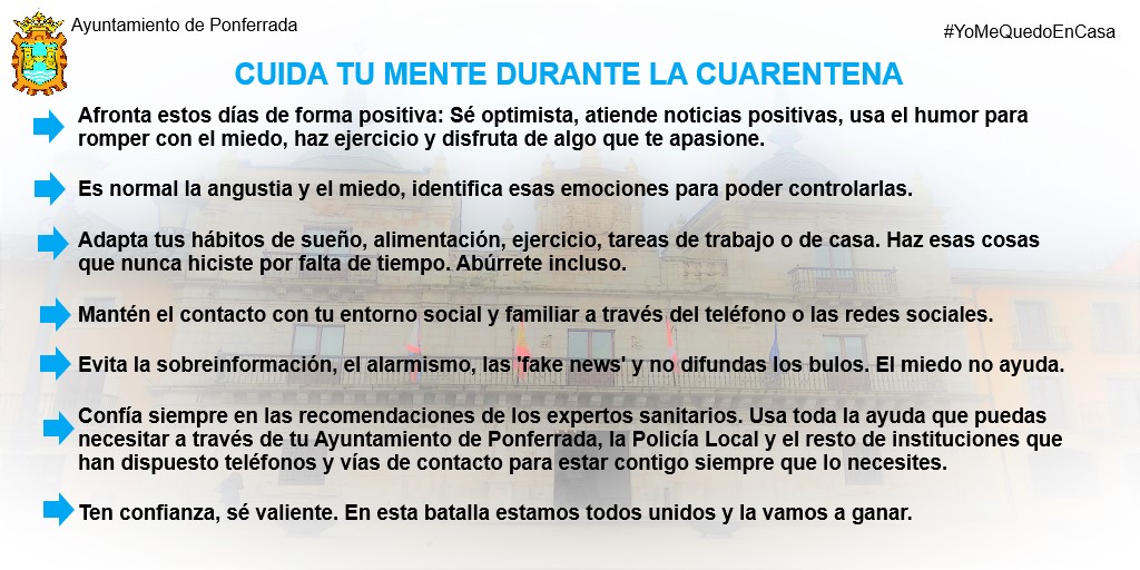 Consejos desde el Ayuntamiento de Ponferrada para cuidar la mente durante la cuarentena 2