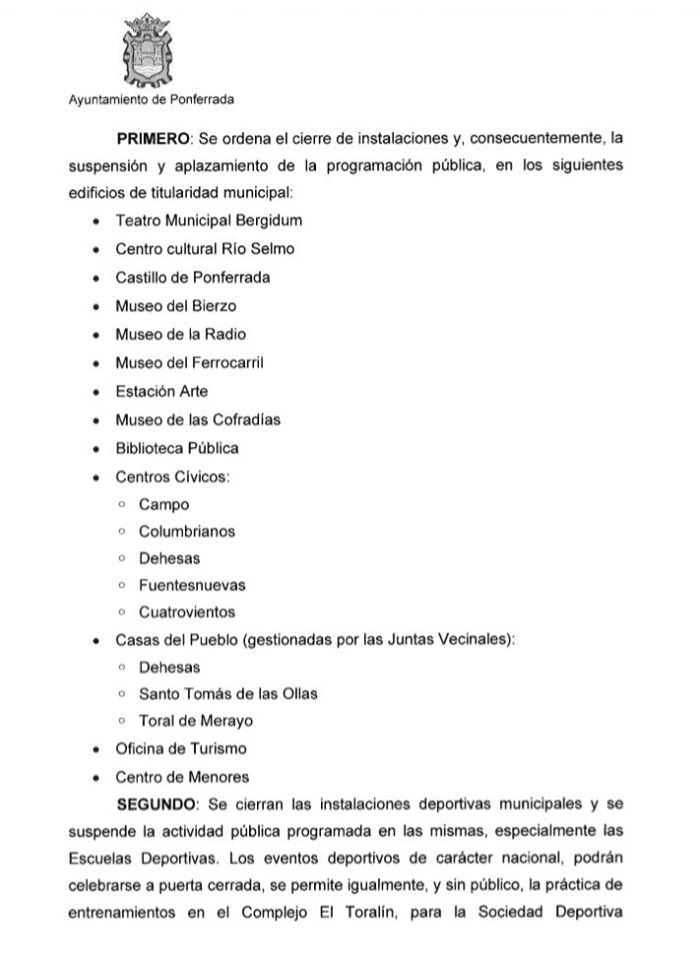 Ponferrada cierra todos los espacios públicos hasta el 26 de marzo, como prevención ante la expansión del Coronavirus 3