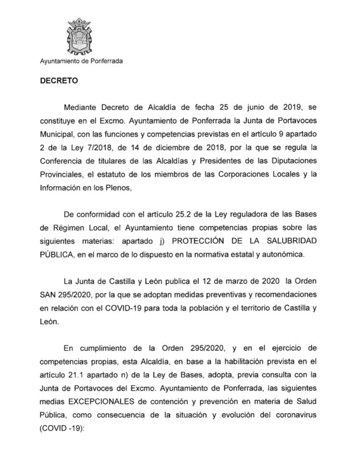 Ponferrada cierra todos los espacios públicos hasta el 26 de marzo, como prevención ante la expansión del Coronavirus 2