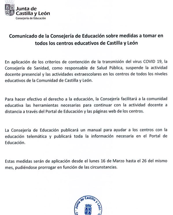 La junta de Castilla y León decreta el cierre de los centros educativos inicialmente desde el lunes 16 al jueves 26 de marzo 2